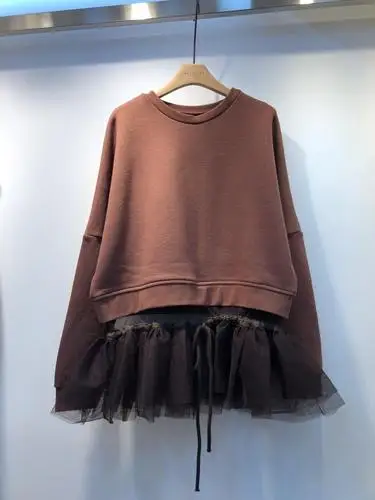Корейские свободные сетчатые толстовки с веревкой, хлопковые уличные однотонные пуловеры с круглым вырезом, Женская толстовка - Цвет: brown