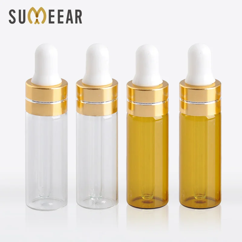 

100 Piece/Lot 5ml Transparent Brown Color Essential Oil Bottles Portable Amber Glass Dropper Bottle Empty Cosmetic Containers