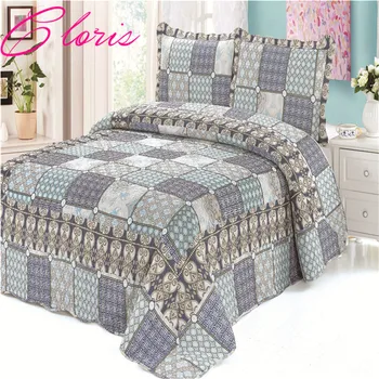 

"CLORIS" Europe 100% Cotton 3-Pieces Vintage Style Floral Printed Quilted Bedspread King Size High Quality Patchwork Bedspreads
