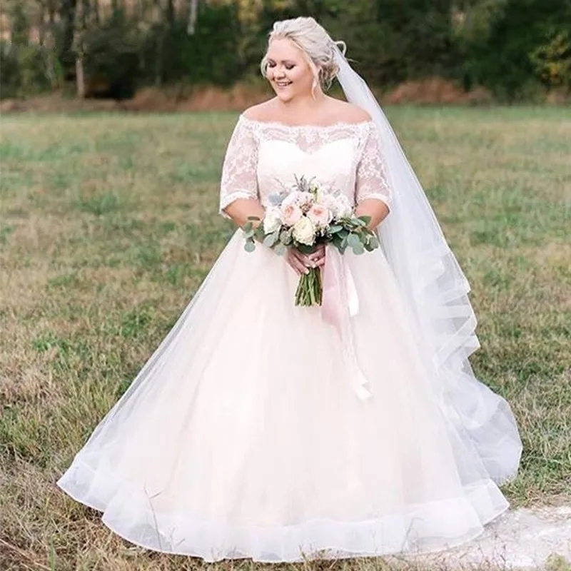 Plus Size Lace Wedding Dresses A Line Boat Neck Half Sleeve