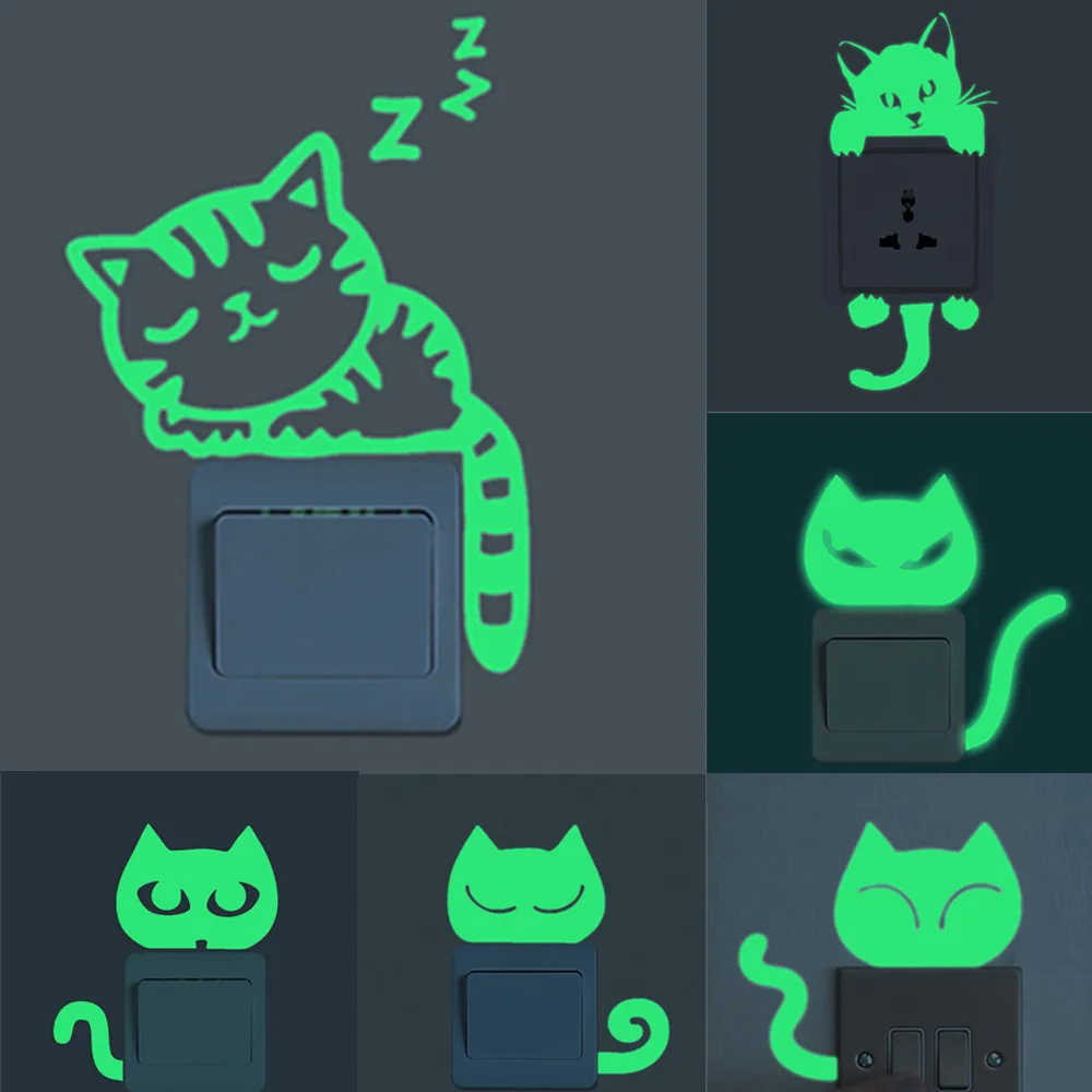 

* Cute Creative Kitten Cat Luminous Noctilucent Glow Switch Wall Sticker Home Noctilucent kitten stick Green wall stickers0.365