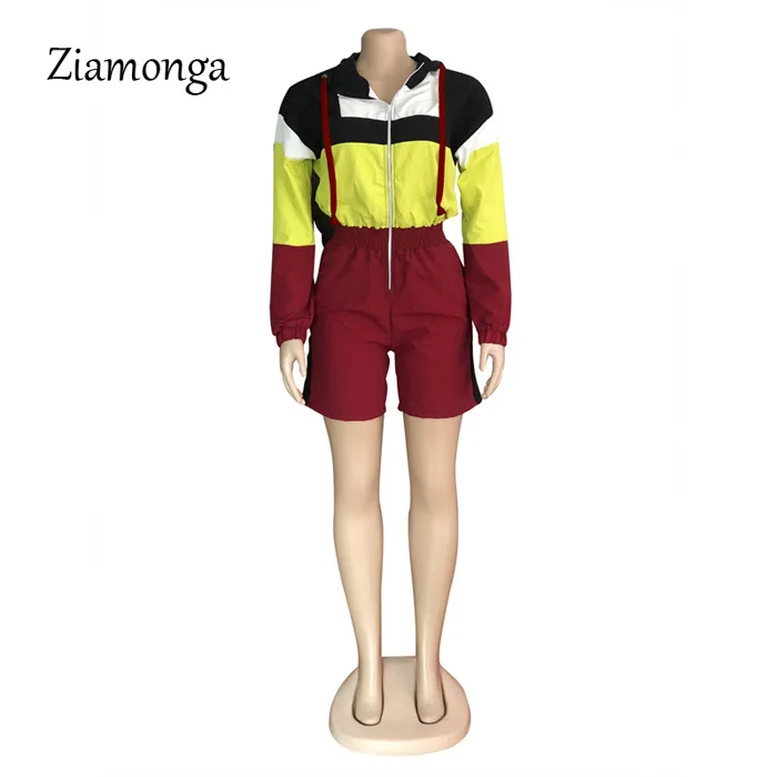 Ziamonga контраст Цвет лоскутное Повседневное Playsuit Для женщин спереди на молнии с длинным рукавом Короткая водолазка осен