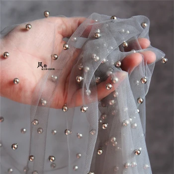 

Gray lace beaded tulle mesh veil sewing special occasion dresses Customized high end soft tulle mesh lace with pearls 1 Yard!