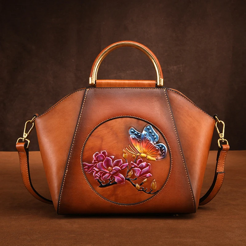 Женская сумка на плечо из натуральной кожи с цветочным узором, известный бренд, Винтажный дизайн, женская сумка-мессенджер из натуральной кожи, сумочка - Цвет: Brown