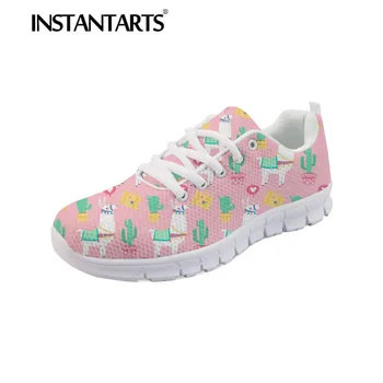

INSTANTARTS Cute Cartoon Alpaca Print Women Air Mesh Sneakers Fashion Woman's Leisure Flats Shoes Breathable Lace Up Ladies Shoe
