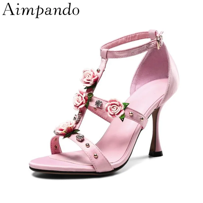 

New Summer 2019 Pink Flower High Heel Sandals Women Thin Heels T-strap Satin Floral Bridal Wedding Shoes Chaussure Femme