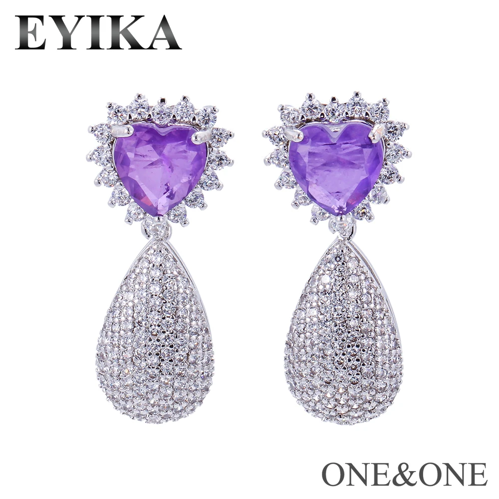 

EYIKA Fashion Fusion Crystal Pear Stud Earring heart purple crystal and white Micro Cubic zirconia Women jewelry charm Серьги