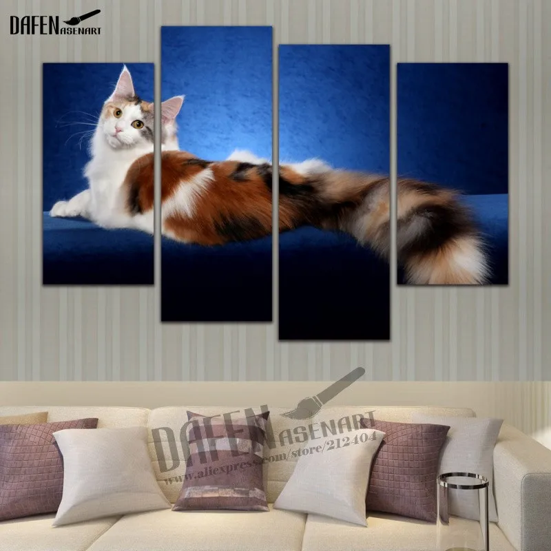 4 Panel framed Art Cute Cat Pictures Kitty Cat Painting for Bedroom home Decoration Wall Art