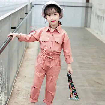 

New Spring Autumn Kids Girls Cotton 2Pcs Suit Teenage Girls Single Breasted Tops+Solid Hole Pants Sets Toddler Girl Clothes T163
