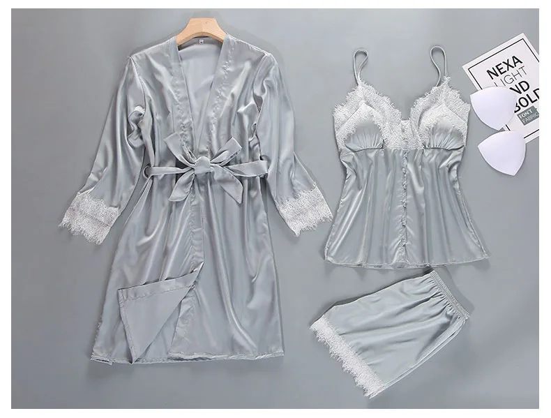 Queenral 3PCS Pajama Sets Women's Sleep Lounge Sleepwear Spring Sexy V-neck Nightwear Satin Silk Long Sleeve Home Wear Female   45