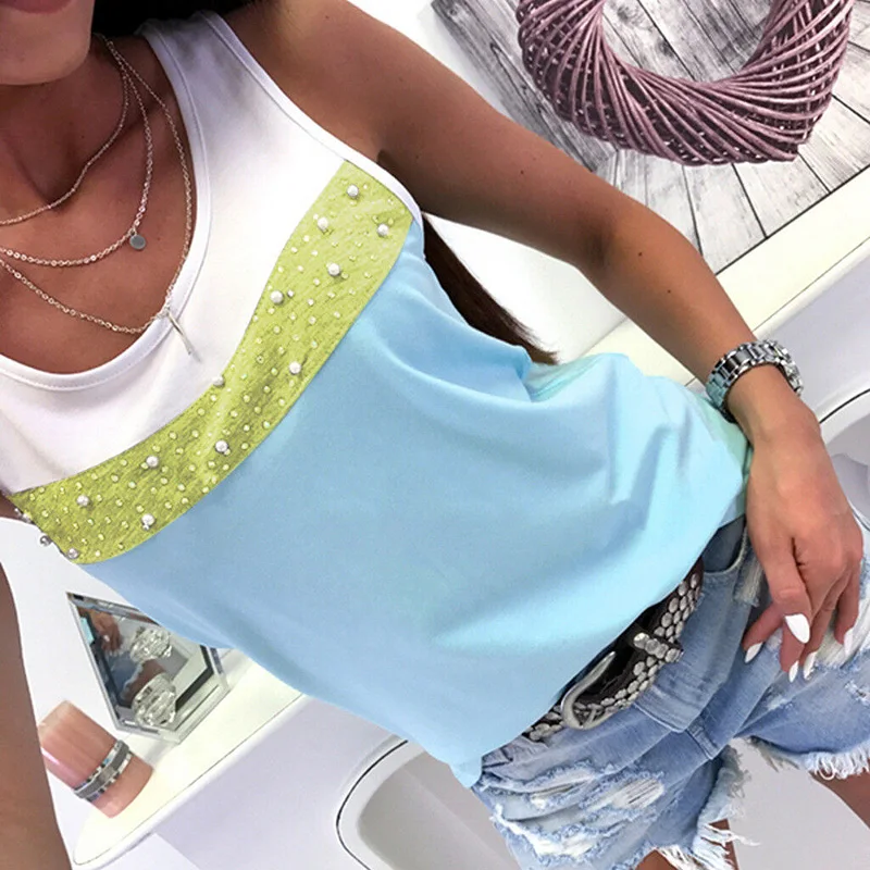 BBYES S-XL 2019 Women Summer Color Patchwork Tops Woman Ladies Sleeveless O-Neck Beading Shirt Women's Casual Vest Tops