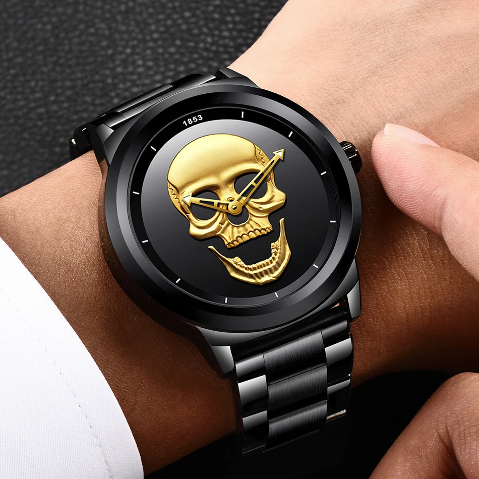 2020 Cool Punk 3D Skull Men Watch Brand LIGE Luxury Steel Quartz Men Watches Waterproof Retro Fashion Gold Black Clock Relogio