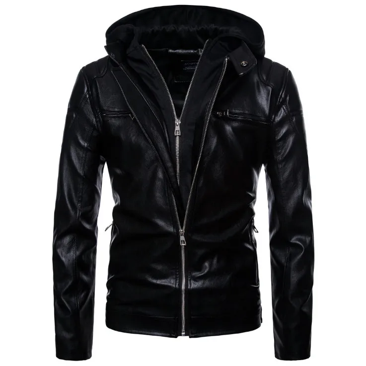 

Europe/US size S-XXL Motorcycle Leather Jacket Men Newest Hooded Punk Leather Jacket Zippers Design PU Biker Jacket Male Coats
