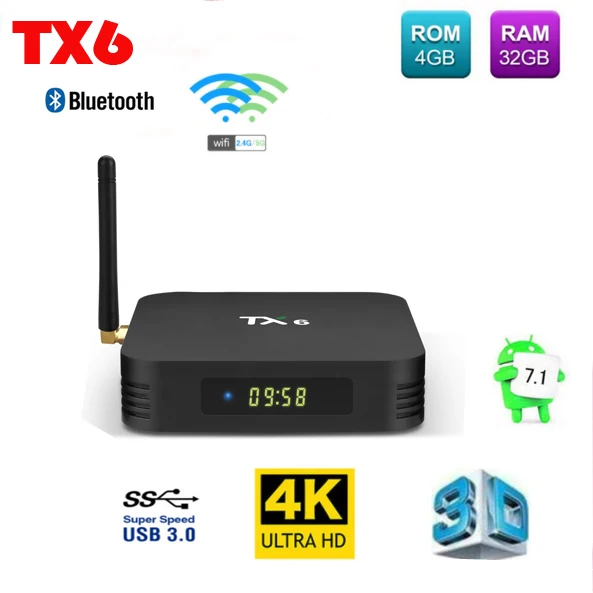 

TX6 TV Box 5pcs Allwinner H6 4GB DDR3 32GB EMMC 2.4GHz 5GHz WiFi BT4.1 Support 4K H.265 Bluetooth 4.0 WIFI Android 7.1 TV BOX