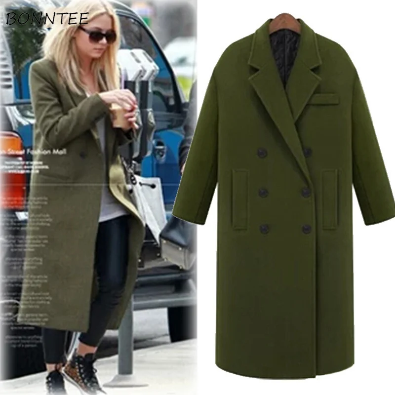 

Wool Women Lapel Pocket Thicker Mid Calf Straight Solid Simple All-match Blends Womens Elegant Ladies Double Breasted European
