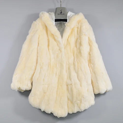 Брендовая длинная стильная настоящая Меховая куртка рекс меховой капюшон Женская Шуба из кролика Рекс ручной работы натуральный мех кролика Рекс с капюшоном пальто - Цвет: beige