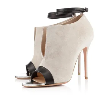 

2019 Summer High Heels Ankle Boots Women Beige and Black Ankle Strap Stiletto Heels Suede Peep Toe Booties Dress Shoes Women