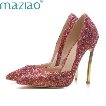 

Shoes Pointed Toe Sequins Solid Color Fine Heel Mary Jane Shoes Sexy Party Shoes Woman High Heel Stilleto MAZIAO