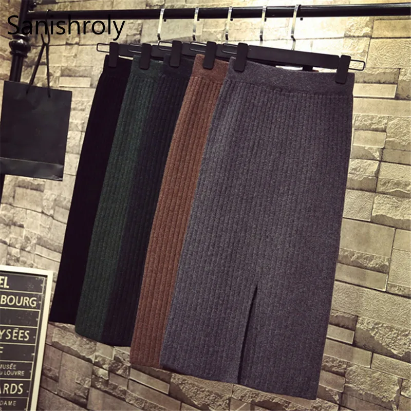 

Sanishroly 2018 Autumn Women Long Pencil Skirts Elastic High Waist Split Knitted Skirt Ladies Warm Thick Sweater Skirt Saia S182