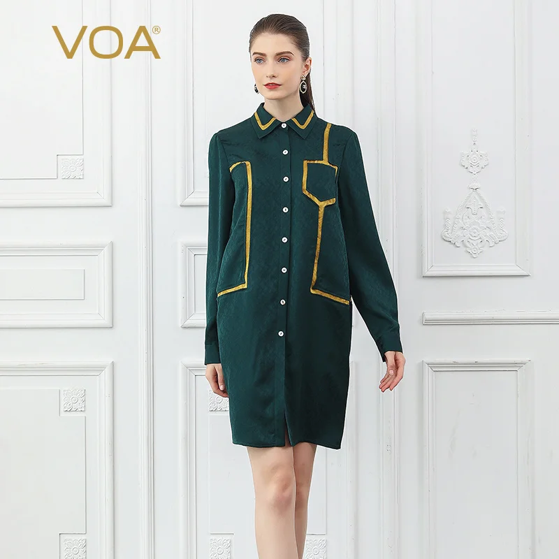 

VOA Silk Jacquard Long Blouse Women Fall Dark Green Cool Oversized Ladies Tops Military Tee Loose Casual Shirt Gold Edged B835