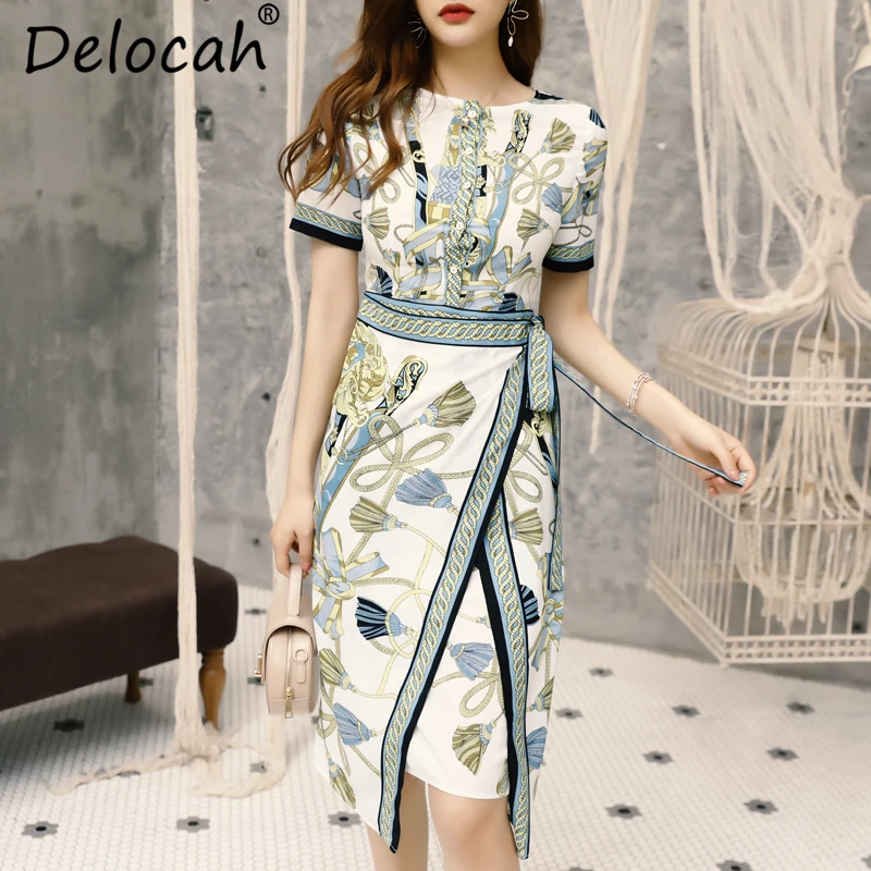 Delocah 2019 Women Spring Summer Dress Runway Fashion Designer Short Sleeve Bow Tie  Asymmetrical Elegant Vintage Vacation Dress