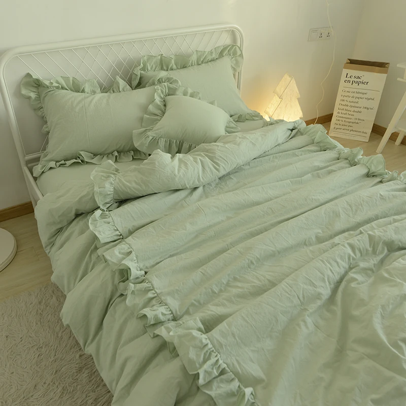 cheap Free shipping washed cotton 3 4pcs twin full queen king size wedding princess ruffles solid color bedding duvet cover set
