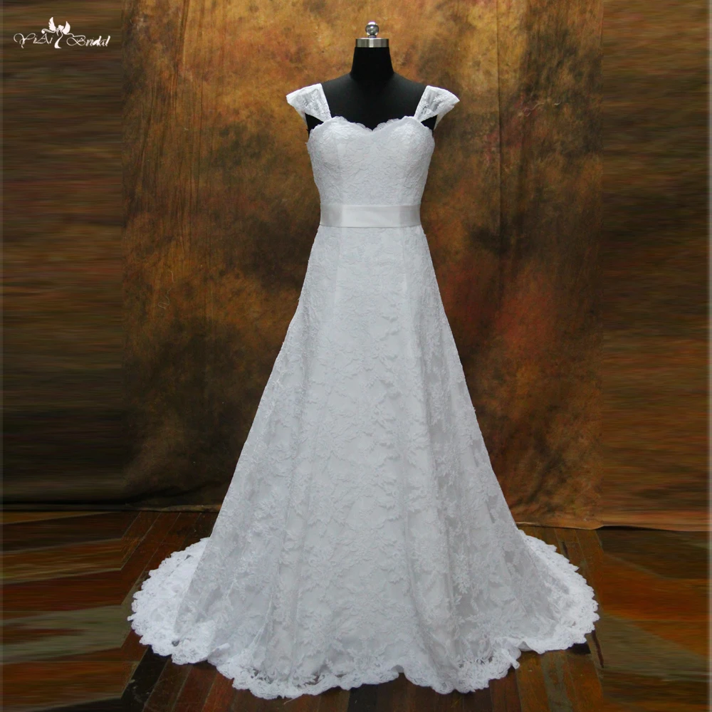 RSW201 Cap Sleeves Ribbon Bow Sash Vintage Lace Wedding Dress-in
