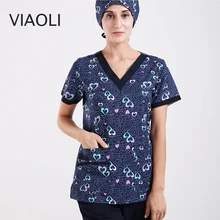 Синий с v-образным вырезом Печатный Хирургический Халат медицинский костюм, летняя дышащая хлопковая униформа медсестры скраб, топ и брюки