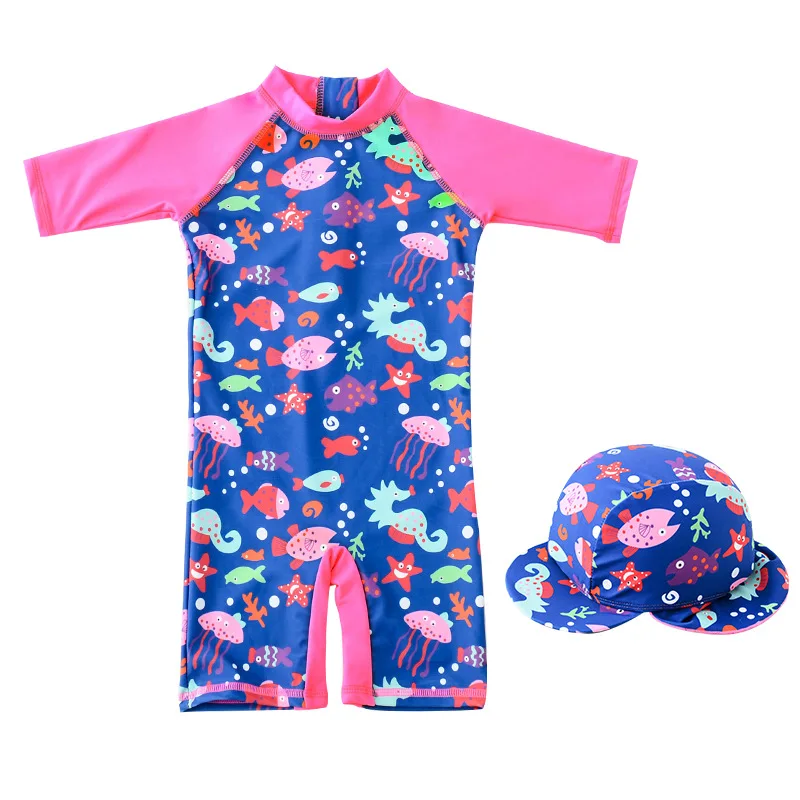 

High quality Baby Boys Swimsuit Girl Children's Swimsuit Cartoon design Bathing Suit toddler Swimwear 2pcs Hat+Suits Infant