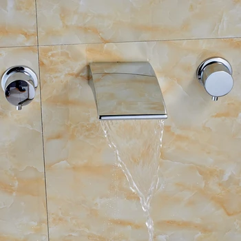 

Chrome Waterfall Bathroom Faucet Wall Mount Dual Handles 3 Holes Sink Mixer Tap
