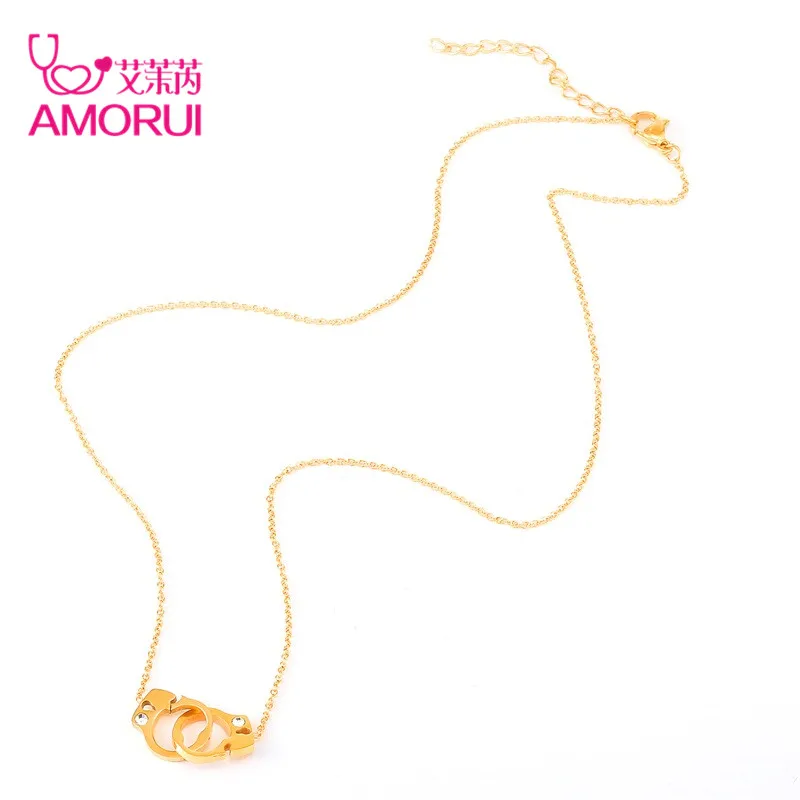 AMORUI Trendy Crystal Handcuff Round Women Rose Gold Silver Pendant Chain Necklace Stainless Steel Statement Women Choker