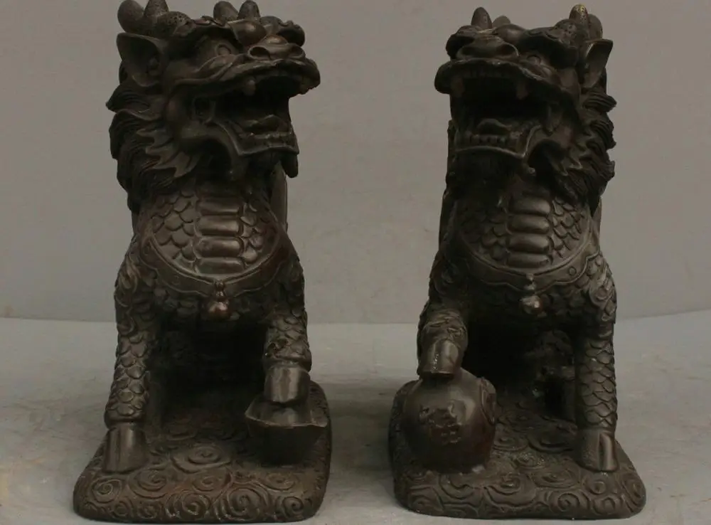 

10" Chinese Bronze Lion Dog brave kylin Two Unicorns And Statues