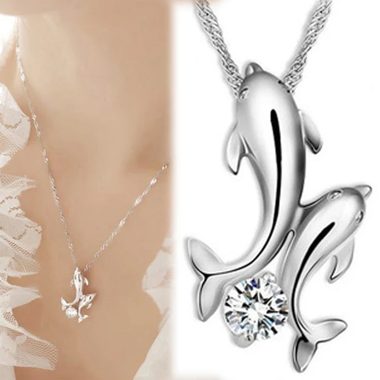 

Charming Fine Jewelry Double Dolphin Image Rhinestones Inlaid Short Chain Pendant Necklace Silver Plated