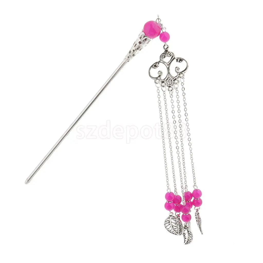 Solid Metal Tasel with Beads Stick Pin Hanfu Dress Ancient Chinese Cosplay Drama Girls Cute Hair Pin