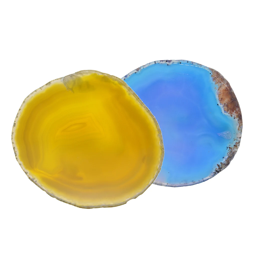 

4 Pieces 80-100mm Agate Quartz Crystal Slices Charms Coaster Home Ornament Cup Mat DIY Crafts LIGHT BLUE+ FRESH YELLOW