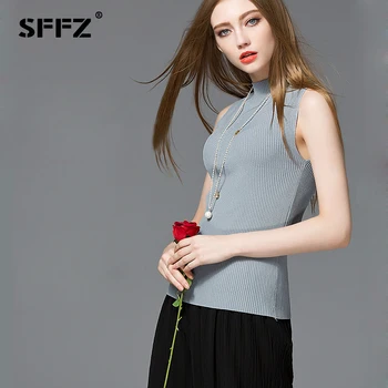 

SFFZ 2019 Summer New Arrived Women's Sweater Fashion Casual High Quality Solid Slim Sleeveless Knitting Top Sweater Vest Grey