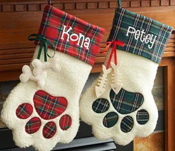 

10pcs/lot free shipping New arrival Monogrammed Pets Dog paw plaid Christmas stocking custom Stylish X-mas stocking candy bag
