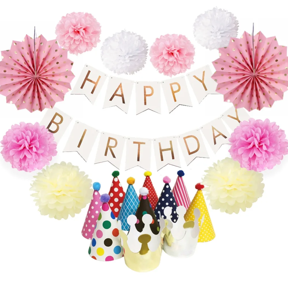 

Set of 12 Paper Decoration(Party Hats, Happy Birthday Banner,Paper Fans,Pom Poms) for Birthday Party 1st Birthday Shower
