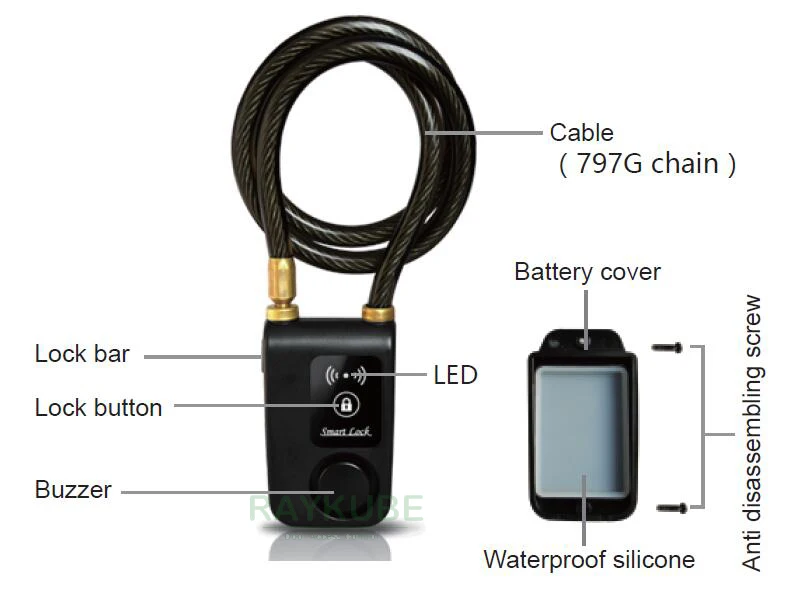 Электрический умный дверной замок RAYKUBE с Bluetooth, приложение для телефона, водонепроницаемый Противоугонный замок, 110дб, сигнальный трос для двери и велосипеда