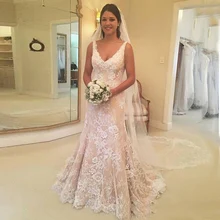 Кружевные свадебные платья русалки с глубоким v-образным вырезом без рукавов Свадебные платья с низким вырезом на спине развертки Шлейфы для свадебных платьев Vestidos De Novia