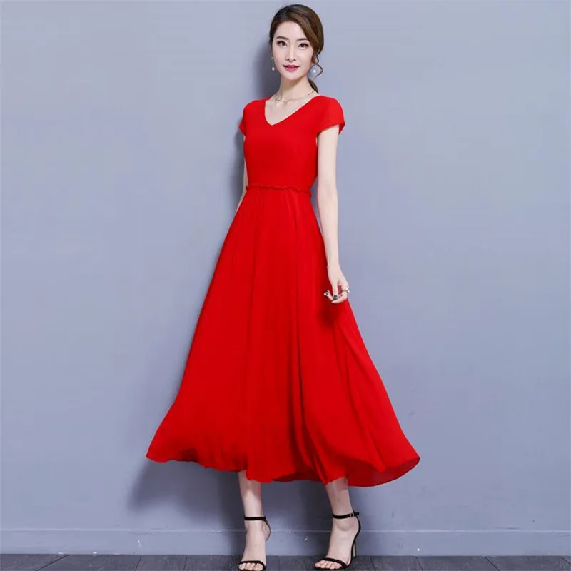 

Party Dress Women Sexy V Neck Short Sleeve Maxi Dress Feminos Pleat Hem High Waist Chiffon Black Office Lady Dress Plus Size 7XL