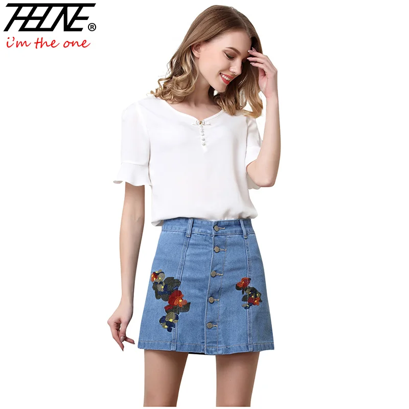 

THHONE 2018 New High Waist Denim Skirts for Women Vintage Embroidered Floral Button UP A Line Slim Fit Mini Jeans Skirts Fldas