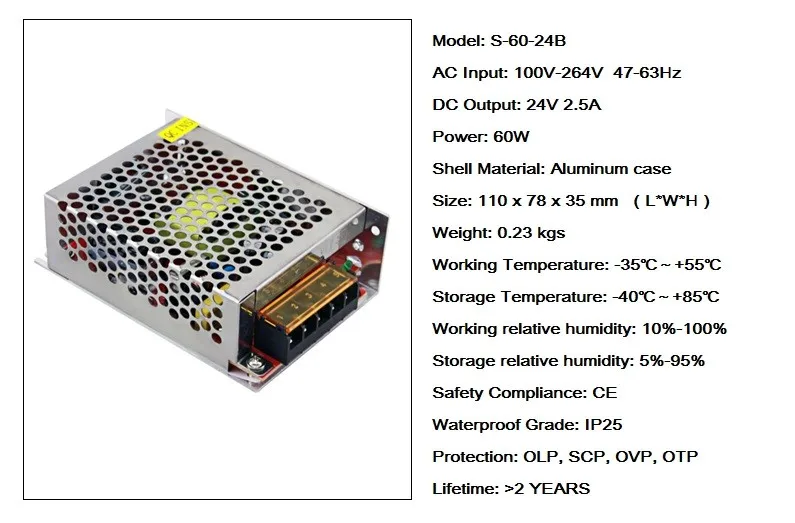 10 шт./лот Высокое качество 24 В 2.5a 60 Вт Импульсные блоки питания драйвера для Светодиодные ленты AC110 ~ 220 В к DC- водонепроницаемый