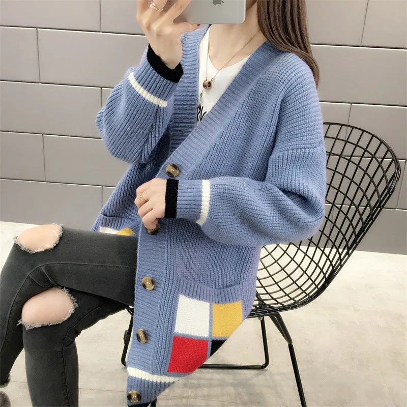 Billig Lange Strickjacke Pullover Winter Jacke Frauen Herbst Strickte Weibliche Lose Blau Plus Größe Pullover V Elastizität Dicke Warme Stricken