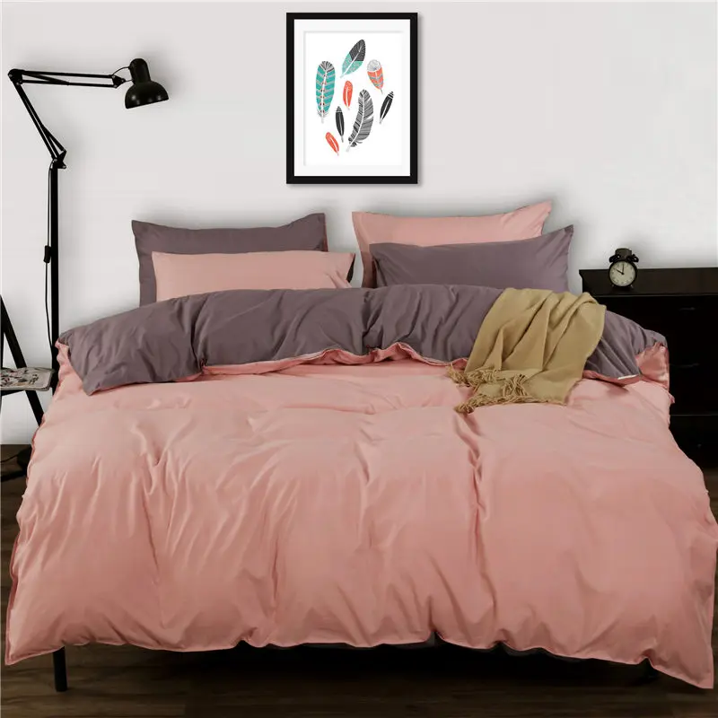 

Newest 200*230cm AB Side Bedding Sets King Size Duvet Cover Set Pink 4pcs Bedclothes Adult Bed Set plain double bed sheet set