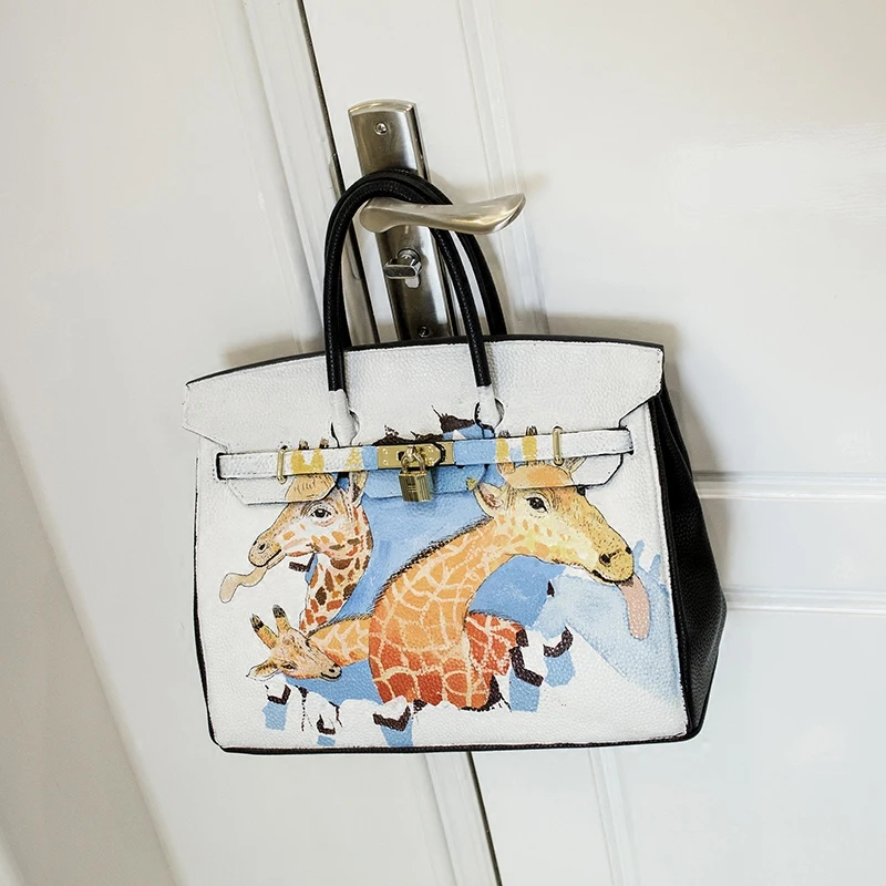 

2016Europe luxury handbags women bags designer Hand-painted 3D Cartoon deer family tote bag Painting handbags