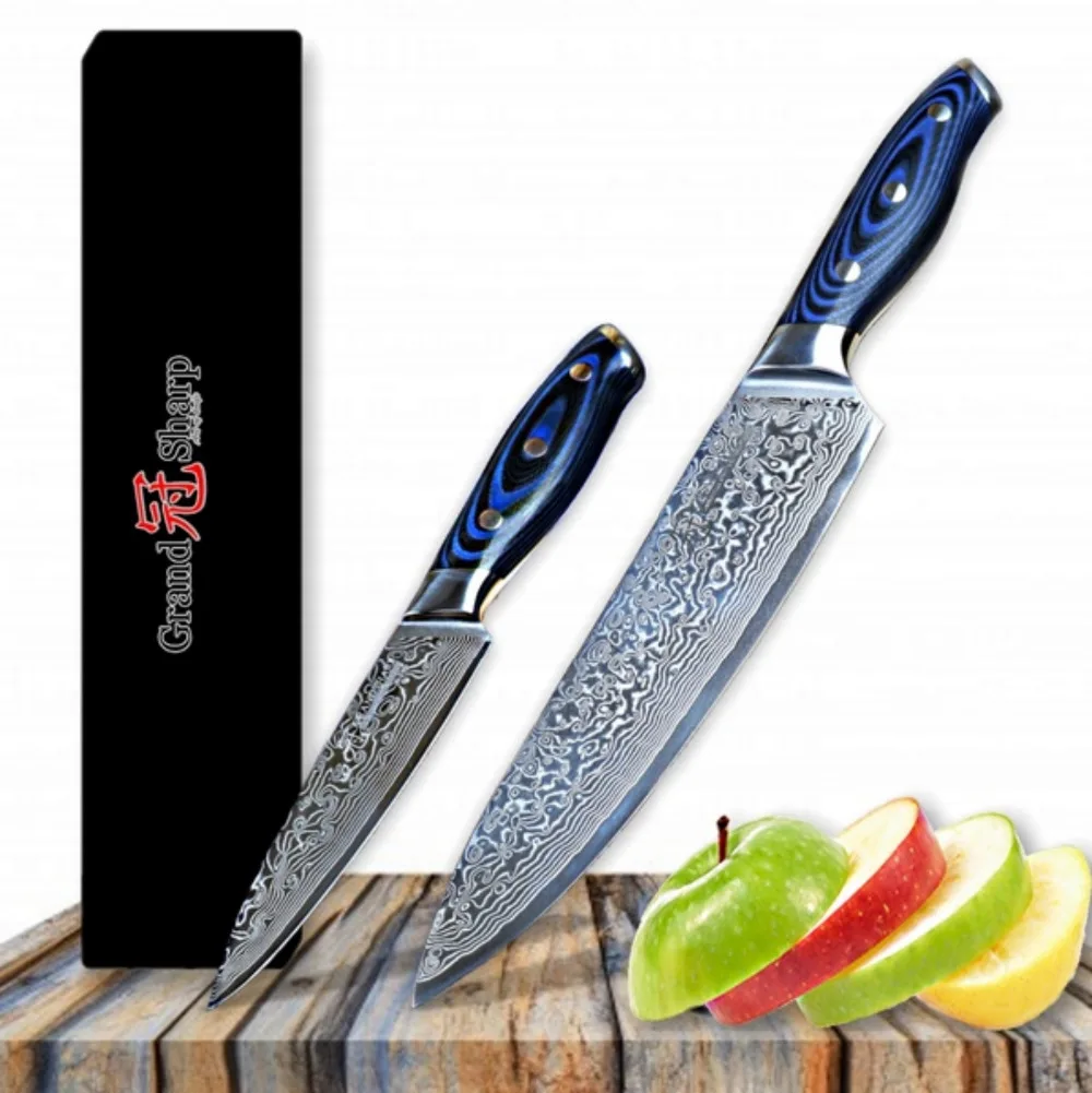 Набор ножей из дамасской стали 2 шт Дамасские японские ножи VG10 стальные поварские ножи кухонные инструменты кухонный поварской нож Pro синий