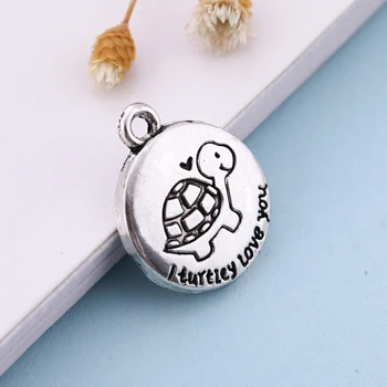 

EUEAVAN 30pcs Round Shape Cute Turtle Animal Metal Charm Words Letter Engraved Pendants Jewelry Finding Silver Color
