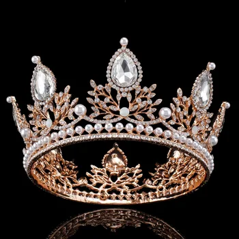 

European Vintage Baroque Round Crown Crystal Bridal Tiaras Crowns Wedding Hairbands Fashion Pearls Bride Hair Accessories