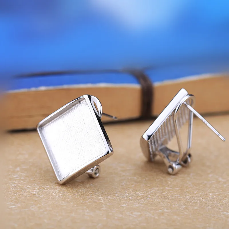 

925 Sterling Silver Earrings Amber Agate Clip Earrings Women for Princess Cabochon 13x13mm Semi Mount Fine Jewelry Wholesale